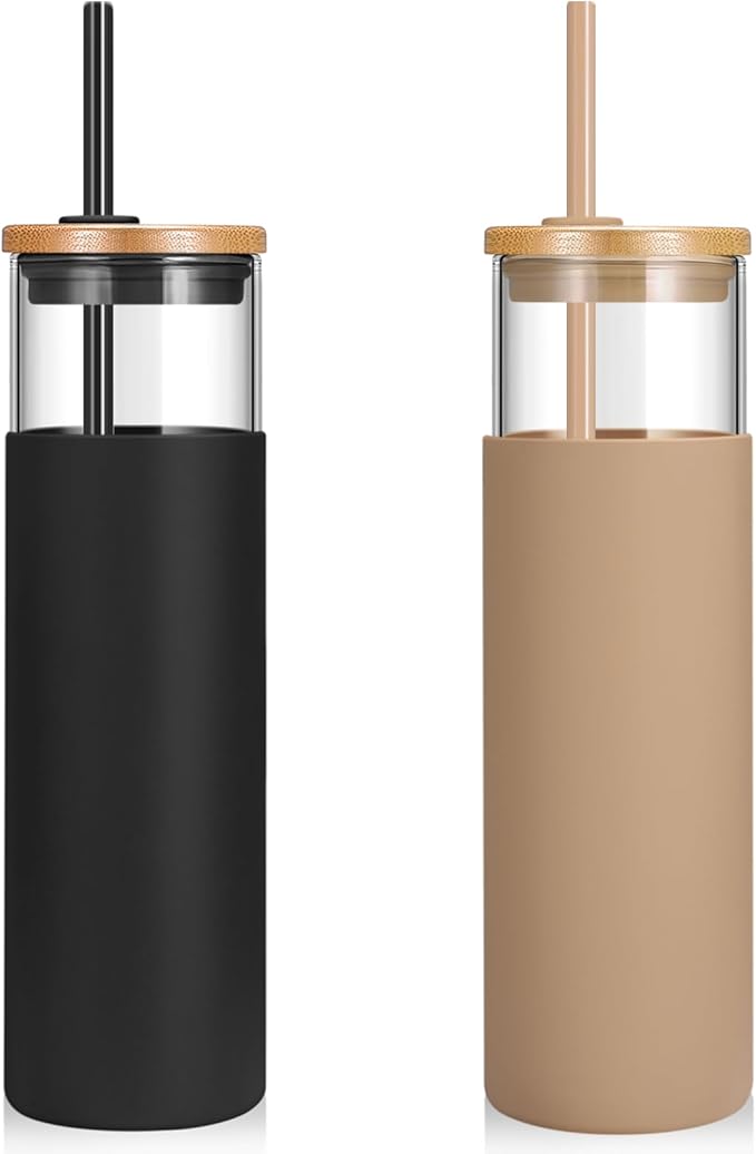 Tronco 28 oz Glass Tumbler with Lids and Straw, Reusable Iced Coffee Cup & Smoothie Cup with Bamboo Lid, Silicone Sleeve, Dishwasher Safe, BPA-Free Borosilicate Glass, 2 Pack