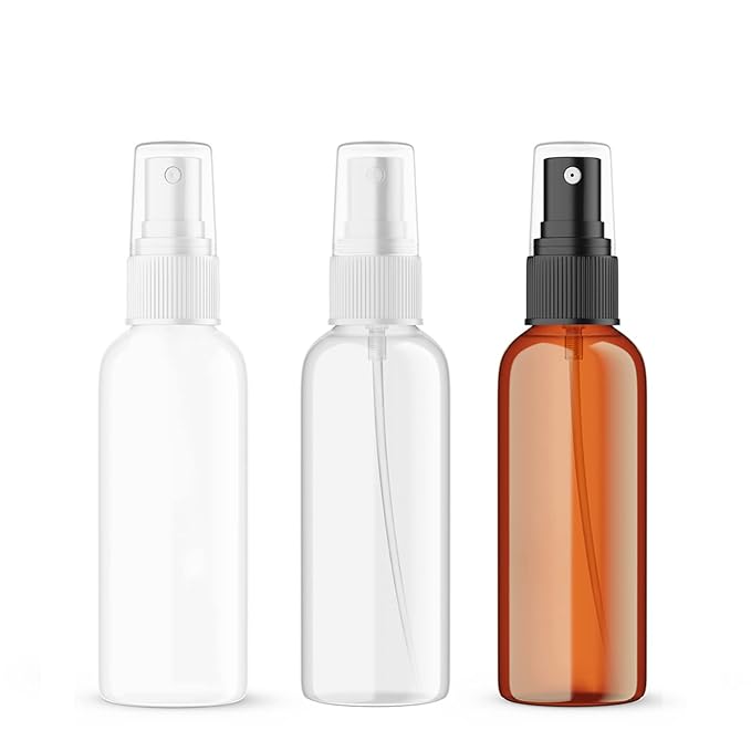 SEVENHEAD 60ml Plastic Essential Oil Spray Bottle 2OZ Three Color - Clear, White, Amber, Small Spray Bottle with Plastic Sprayer - Set of 3