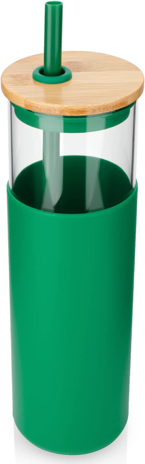 Tronco 32 oz Glass Tumbler with Lids and Straw, Reusable Iced Coffee Cup & Smoothie Cup with Bamboo Lid, Silicone Sleeve, Dishwasher Safe, BPA-Free Borosilicate Glass, 1 Pack