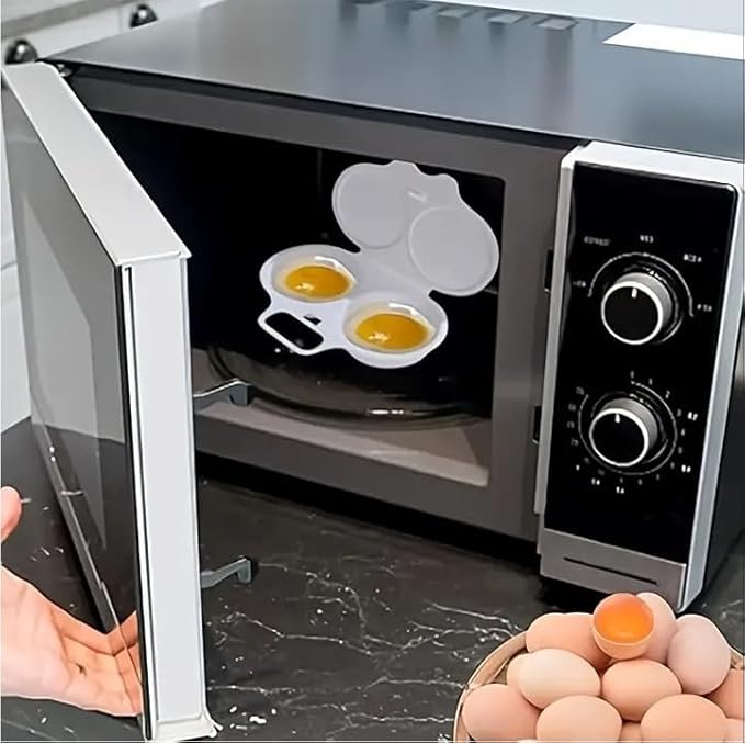 Microwave Egg Poacher, 13 x 5 cm, 2-Cavity Non-stick Cooker with Lid, Double Drain Poached Egg Cups Cookware, White