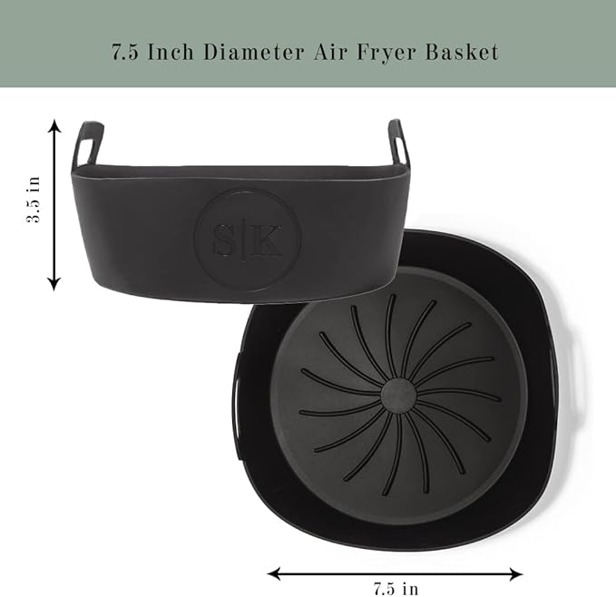 The Silicone Kitchen Reusable Silicone Air Fryer Liner with Conversion Chart Magnet, Dishwasher Safe, BPA Free, 7.5 Inch Diameter, Matte Black