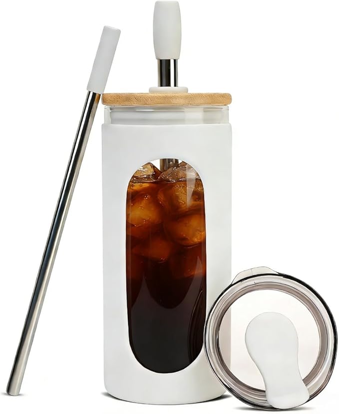 Sursip Glass Tumbler with Straw and Lid, 20 oz Reusable Borosilicate Glass Coffee Cup with Lids for Iced Coffee, Smoothie, Boba, Juice,Travel to Go Tumbler BPA-Free - White