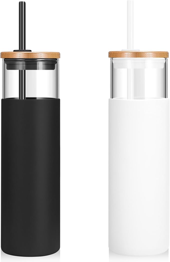 Tronco 28 oz Glass Tumbler with Lids and Straw, Reusable Iced Coffee Cup & Smoothie Cup with Bamboo Lid, Silicone Sleeve, Dishwasher Safe, BPA-Free Borosilicate Glass, 2 Pack