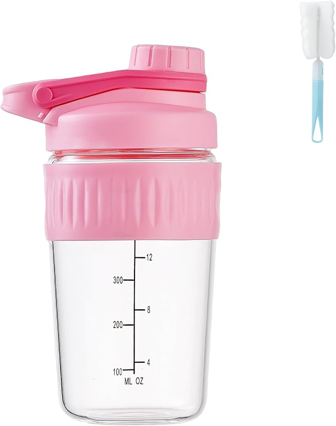 16oz Glass Shaker Bottle for Protein, Small Borosilicate Glass Protein Powder Leak-Proof Shaker Cup Mixes with 304 Blending Ball(16oz,Pink)