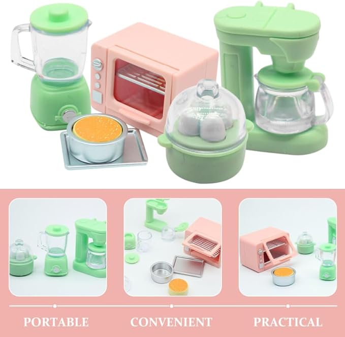 Vicasky Mini Kitchen Dollhouse Accessories Set: 1:12 Scale Oven Coffee Maker Blender Juicer Cheese Cake & Egg Cooker for Dollhouse Kitchen Decor Pretend Play for Kid Toddler Microwave Breakfast