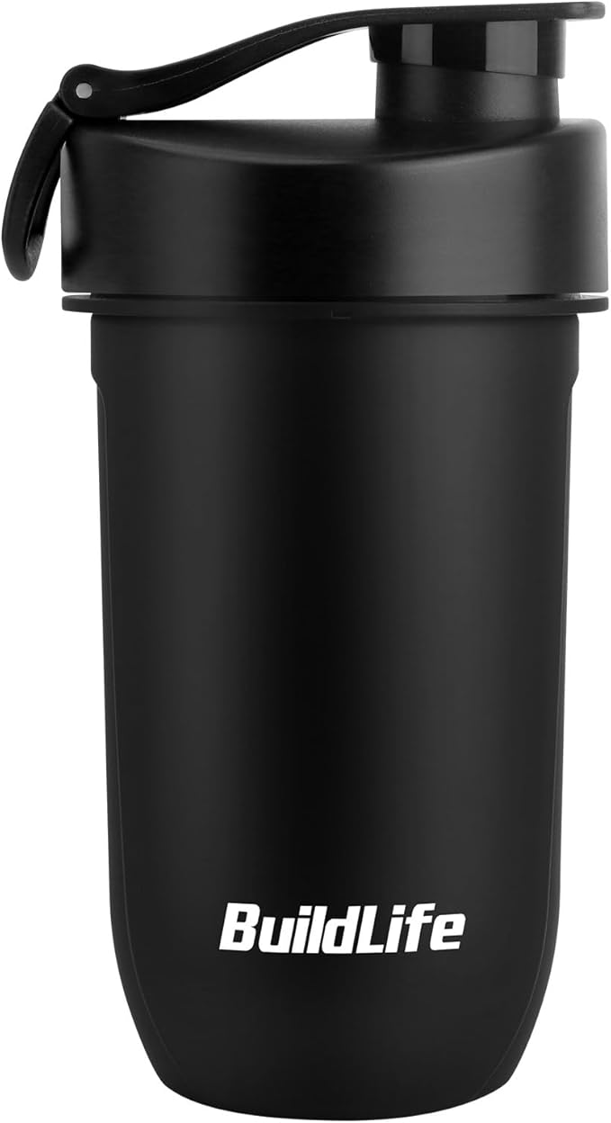 BuildLife Protein Shaker Bottle, 20oz Tritan Shaker Cup with Silent Mixing Grid – Lump Free Shakes 600ML for Pre Workout Protein & Smoothies, BPA-Free Leakproof Dishwasher Safe (Black)