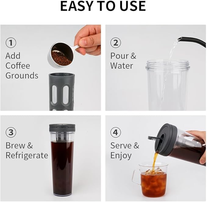 watchget Portable Cold Brew Coffee Maker 34oz/1L Iced Coffee Maker and Tea Brewer Leak-Proof Removable Fine Mesh Filter Perfect for Outdoor Camping Trip (Dark Grey)