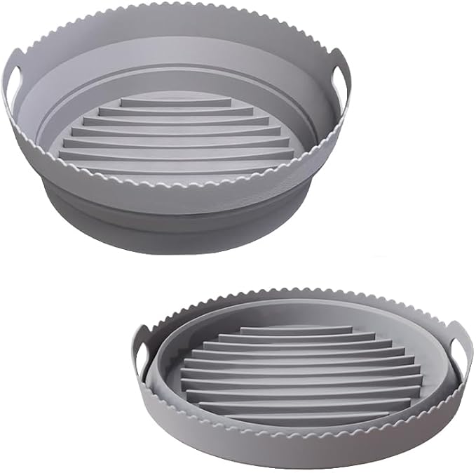 Silicone Air Fryer Liner 8.6" Round for 5–8 QT, No Divider, Reusable Non-Stick Collapsible Pot Liner, Dishwasher Safe, Heat-Resistant 446°F, GRAY, 1 Pack