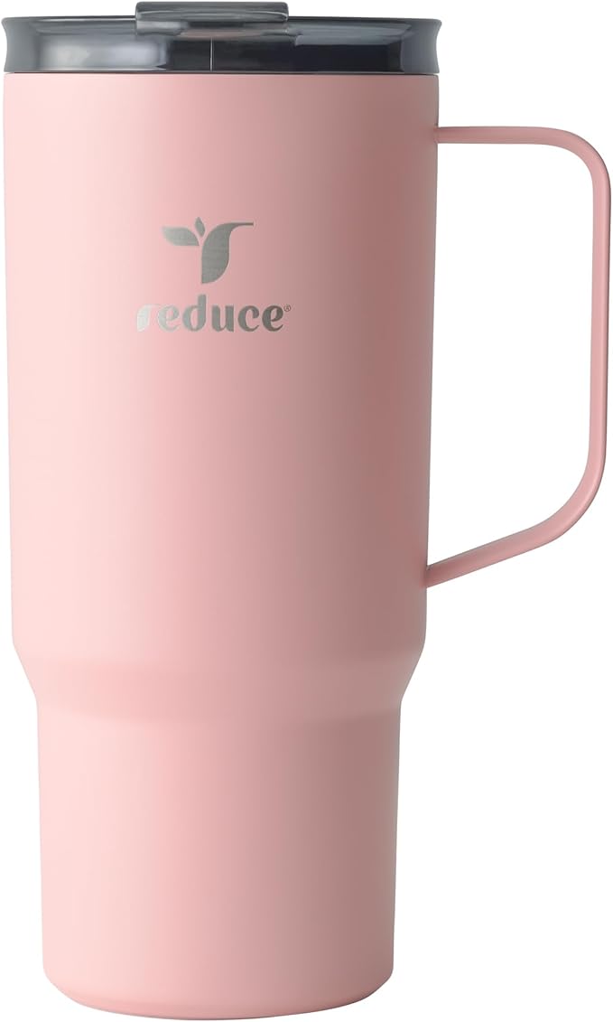 REDUCE 24 oz Hot1 Vacuum Insulated Mug for Hot Tea, Coffee and Other Hot Drinks - With Flo-Motion Lid and Handle, Single-Serve and Cupholder Friendly, Keeps Drinks Hot for up to 8 Hrs, Pink Salt