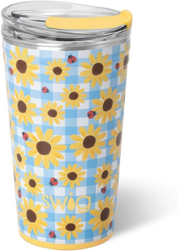 Swig Life 24oz Party Cup, Stackable Insulated Travel Coffee Tumbler with EZ Slider Lid, Cup Holder Friendly, Stainless Steel 24 oz Tumbler, Reusable Coffee Mug (Picnic Basket)