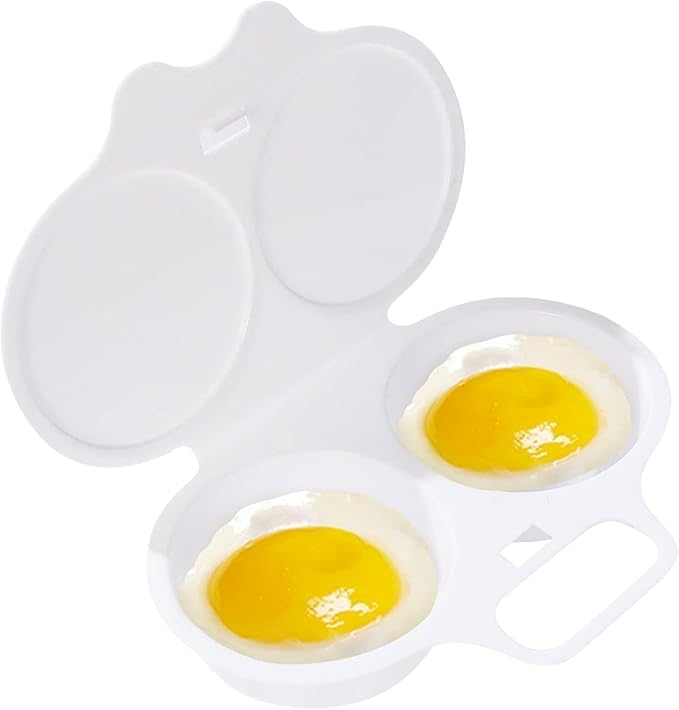 White Egg Poacher, Microwave Egg Boiler Poacher, 2 Cavity Nonstick Poached Egg Maker With Lid, Egg Poacher Microwave Egg Cooker, Double Drain Poached Egg Cups Cookware（13 * 5cm）