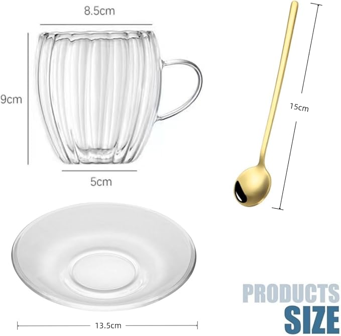 Double Wall Glass Coffee Mugs Set, Teacup with Saucer and Spoon Set of 2 Pack, 8.5oz/260ml for Cappuccino, Latte, Hot and Cold Drinks (Clear - Pumpkin Shaped - 2 Pack)