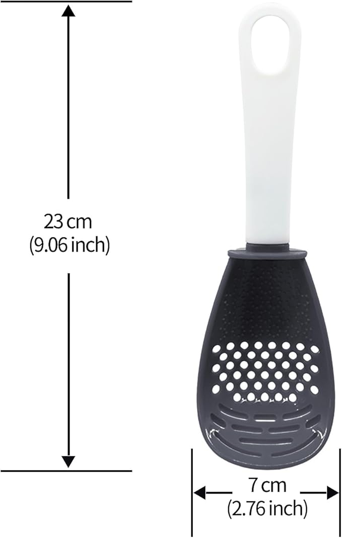6 in 1 Multifunctional Food Strainer, 356°F Heat Resistant kitchen gadgets, Egg Separator, Cooking, Draining, Mashing, Grating, Cooking spoon Dark Grey