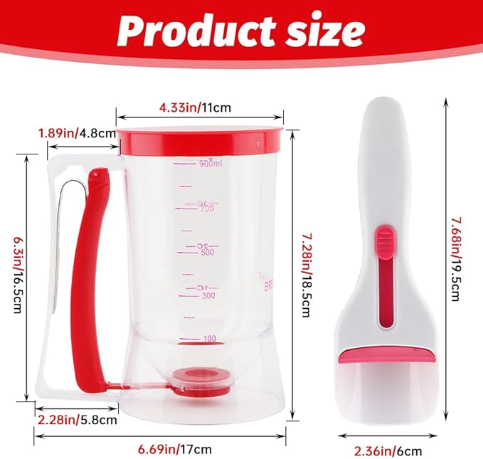 4 Cup Pancake Batter Dispenser with Cupcake Scoop Batters Dispenser,Pancake Waffl Mix Dispenser with Squeeze Handle & Measuring Marks,for Cupcake,Muffins, Crepes & Cupcakes(red)
