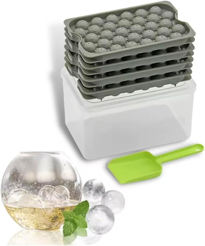 Ice Cube Tray with Lid, Bin, and Shovel, Reusable 3 Pack Sphere Mold For Cocktails, Coffee, Ice Cream