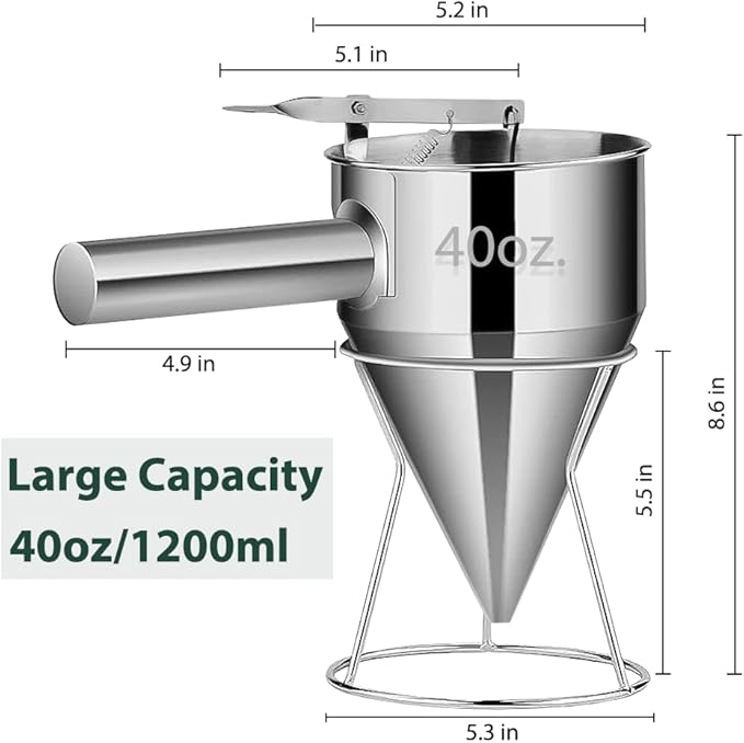 Pancake Batter Dispenser – 40oz Stainless Steel No-Drip Funnel, 4 Interchangeable Silicone Nozzles, Easy Control Batter Dispenser for Pancakes, Cupcakes, Funnel Cakes, Muffins & More