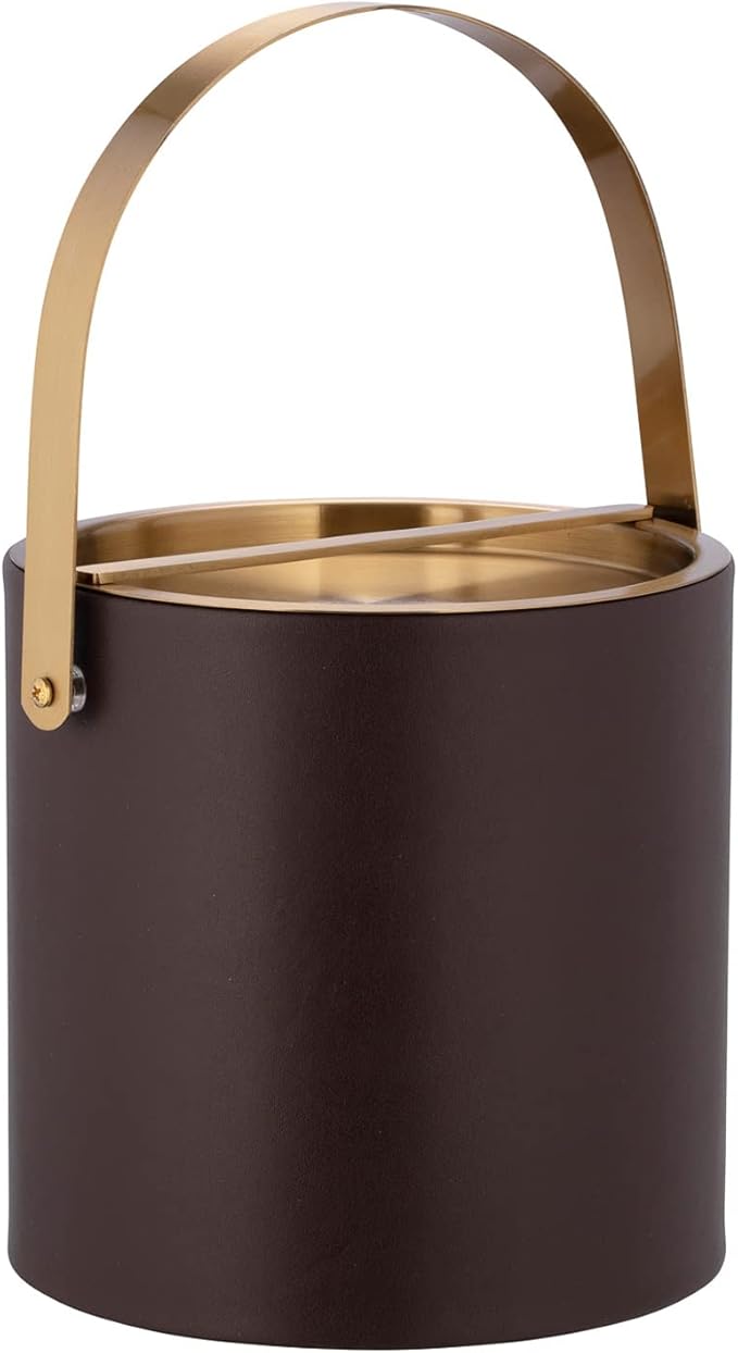 Kraftware SANTA BARBARA 3qt Ice Bucket with Brushed Gold Arch Handle & Bridge Cover: Chocolate Brown