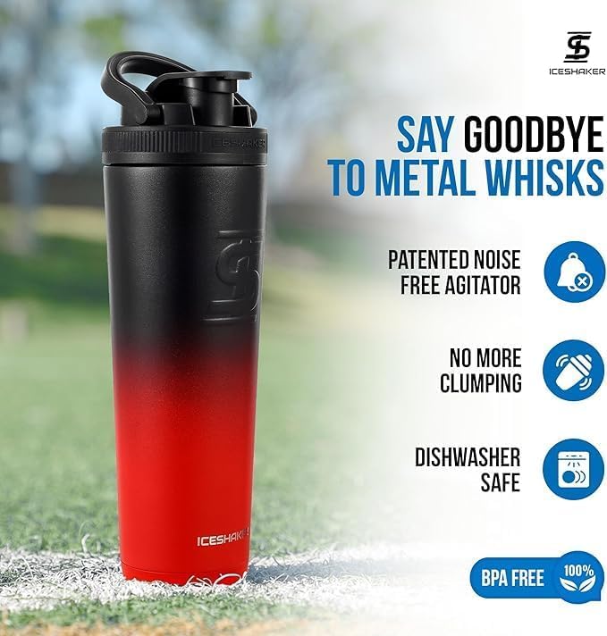 Ice Shaker Insulated Stainless Steel Shaker Bottle | 32oz, Red/Black | Cold for 30+ Hours | Insulated Cup with Twist-on Agitator | Odor-Free Bottle for Protein Shakes, Water, Smoothies, Cocktails