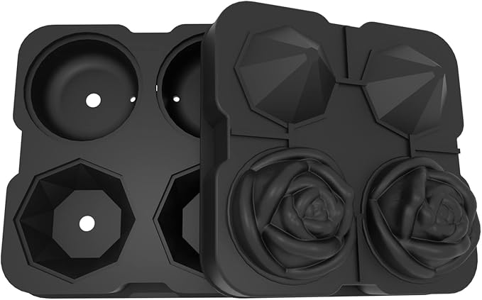 Ice Cube Tray, HANCELANT 2.5inch Ice Cube Molds, 2 Cavity Silicone Rose & 2 Diamond Ice Ball Maker, Easy Release Large Ice Cube Form for Chilling Cocktails, Whiskey, Bourbon & Homemade Juice (Black)