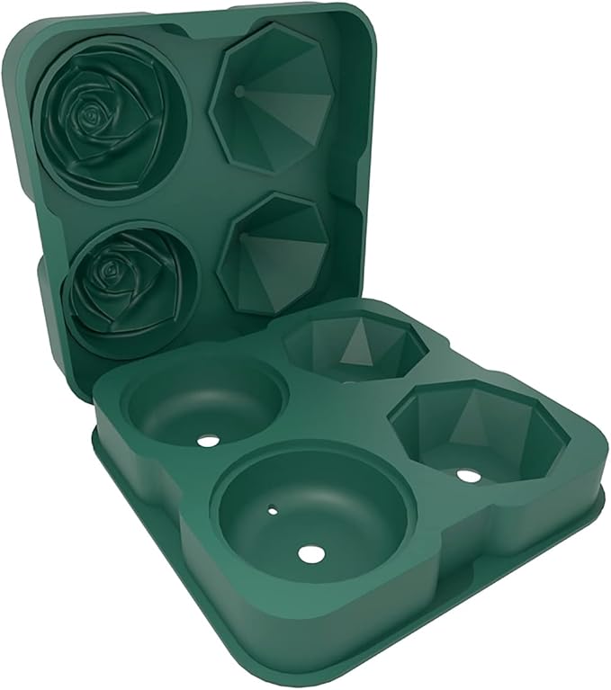 Ice Cube Tray, HANCELANT 2.5inch Ice Cube Molds, 2 Cavity Silicone Rose & 2 Diamond Ice Ball Maker, Easy Release Large Ice Cube Form for Chilling Cocktails, Whiskey, Bourbon & Homemade Juice (Green)