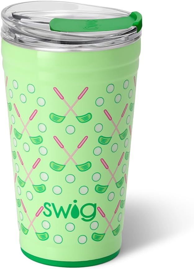 Swig Life 24oz Party Cup, Stackable Insulated Travel Coffee Tumbler with EZ Slider Lid, Cup Holder Friendly, Stainless Steel 24 oz Tumbler, Reusable Coffee Mug (Tee Time)
