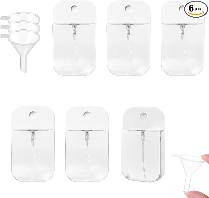 6PCS Portable Card Clear Spray Bottles 50ML Refillable Plastic Perfume Atomizer Vials for essential oils,facial mists hair moisturizing water hand sanitizer,3 funnels are also given away (White)