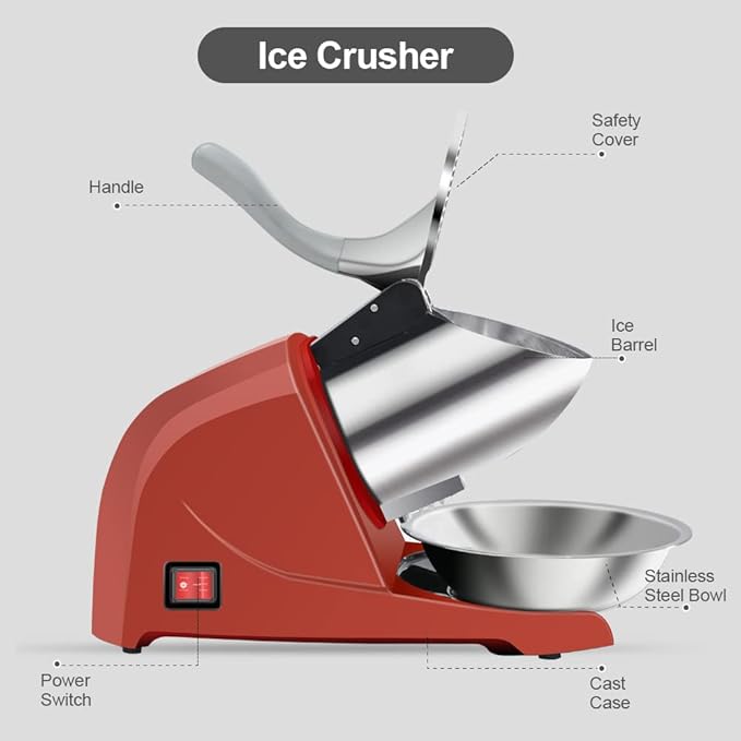 Snow Cone Machine 380W Shaved Ice Machine 3 Blades, 280lbs/hr Electric ICE Shaver, Prevent Splash, for Home and Commercial Use with Ice Pick - Red