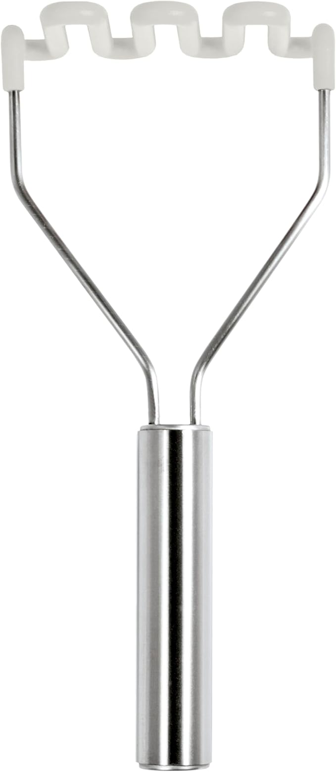 Tovolo Silicone Potato Masher Stainless Steel Handle White Dishwasher Safe Heat Resistant Non Scratch Handheld Coil Wire Potato Smasher for Nonstick Pans Ergonomic Kitchen Food Prep Tool