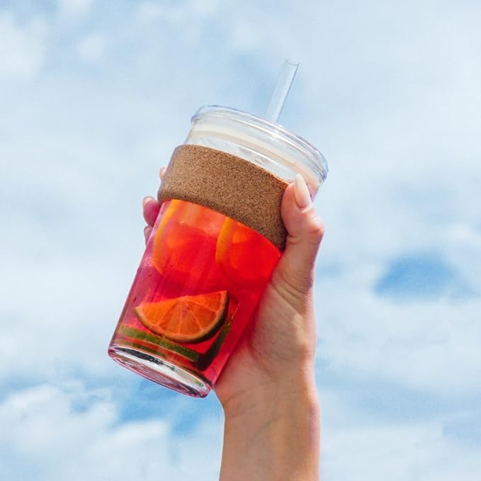 KeepCup Cold Cup - Brew Cork Tempered Glass Ice Coffee Tumbler with Recovered Cork Band, Lid and Straw - 16oz (454ml)