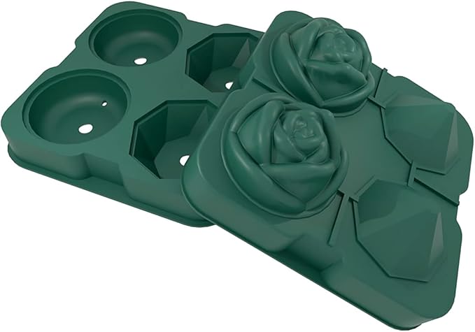 Ice Cube Tray, HANCELANT 2.5inch Ice Cube Molds, 2 Cavity Silicone Rose & 2 Diamond Ice Ball Maker, Easy Release Large Ice Cube Form for Chilling Cocktails, Whiskey, Bourbon & Homemade Juice (Green)