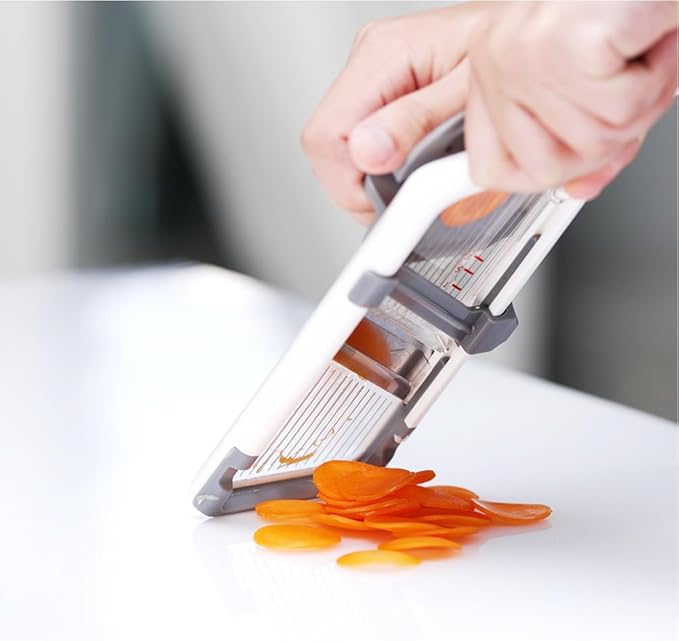 ZKIRON Handheld Mandoline Slicer for Kitchen - Adjustable 3-Thickness Vegetable Slicer (1mm-3mm) with Food Holder - Safe Potato Slicer & Cucumber Cutter for Salad, Easy to Clean (Gray)
