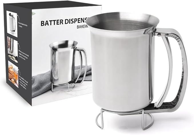 Premium Stainless Steel Batter Dispenser for Pancakes, Cupcakes, Cookies, Waffles & More - 900ML Handheld Pourer with Stand, Squeeze Handle, Unbreakable, Perfect for Various Baking (Stainless Steel)