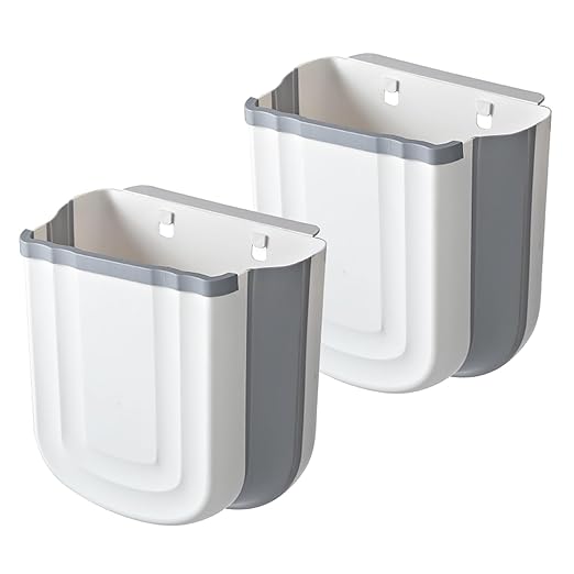 Soddeph Collapsible Hanging Trash Can for Kitchen Cabinet Door, 9L Plastic Foldable Waste Bin, 2.4 Gallon Small Wall Mounted Garbage Bin for Kitchen, Bathroom, Bedroom Countertop (Gray+Gray)