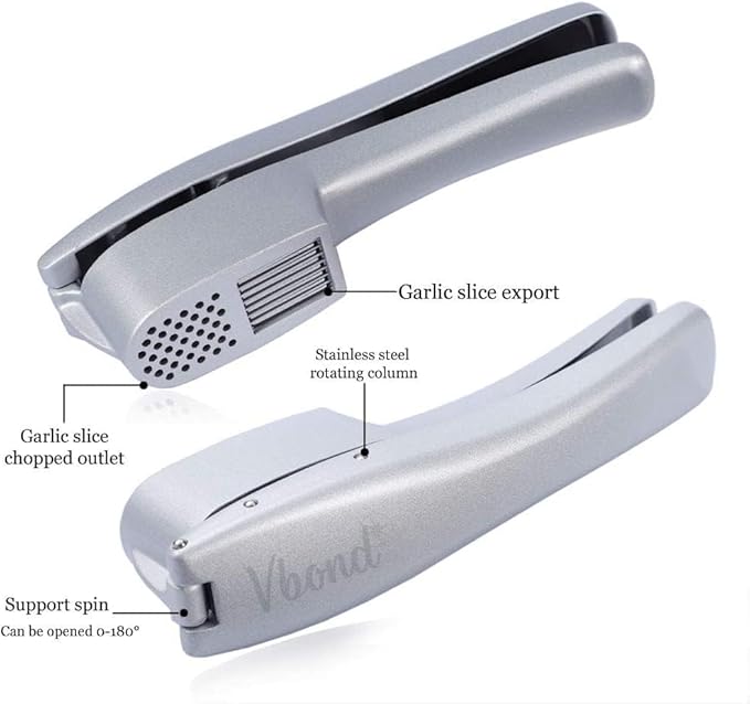 Garlic Press and Slicer 2 in 1 with Built-In Cleaner and Silicone Peeler, Convenient Kitchen Tool for Effortless Mincing and Slicing w/Bonus Garlic Peeler, Durable and Dishwasher Safe Aluminum Alloy