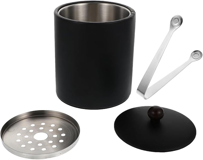 Ice Bucket with Lid, Tongs and Strainer, Stainless Steel Insulated Ice Bucket for Cocktail Bar, Ideal for Cocktail Bar, Parties, Chilling Wine, 5.5 x 5.5 x 7.3 inches (Black)