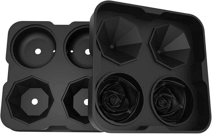 Ice Cube Tray, HANCELANT 2.5inch Ice Cube Molds, 2 Cavity Silicone Rose & 2 Diamond Ice Ball Maker, Easy Release Large Ice Cube Form for Chilling Cocktails, Whiskey, Bourbon & Homemade Juice (Black)