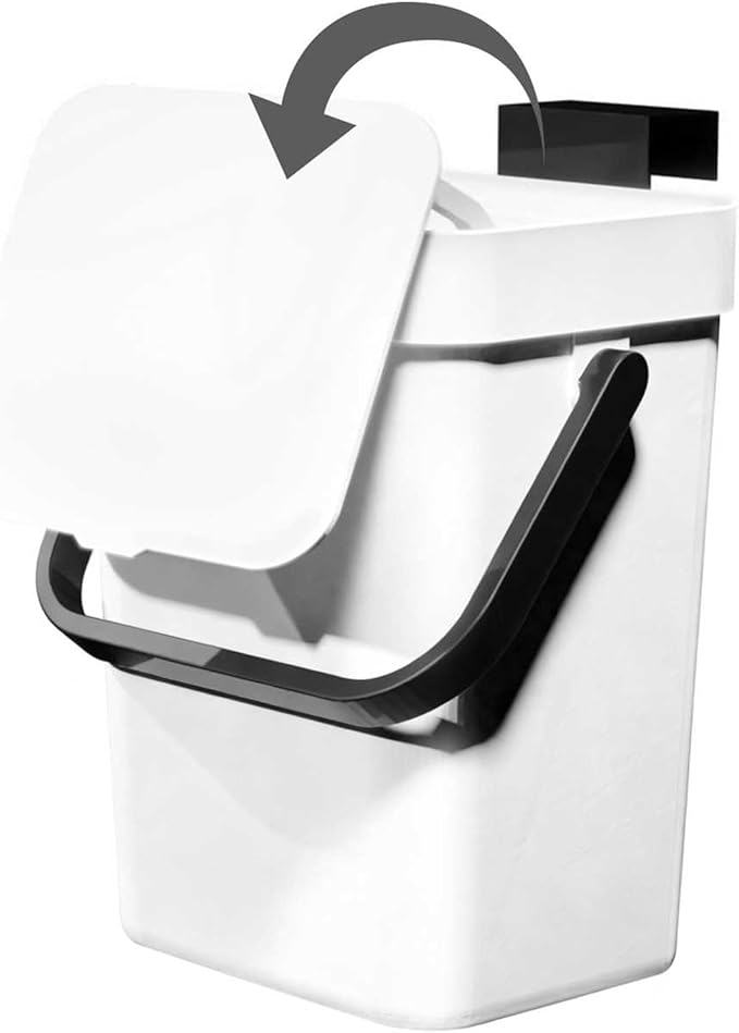Compost Bin Kitchen, for use on Countertops or Under Sinks, Hanging Trash Can with Lid, Mountable Indoor Compost Bucket, for Cupboard/Bathroom/Bedroom/Office/Camping (White 1.3 Gallon/5L)