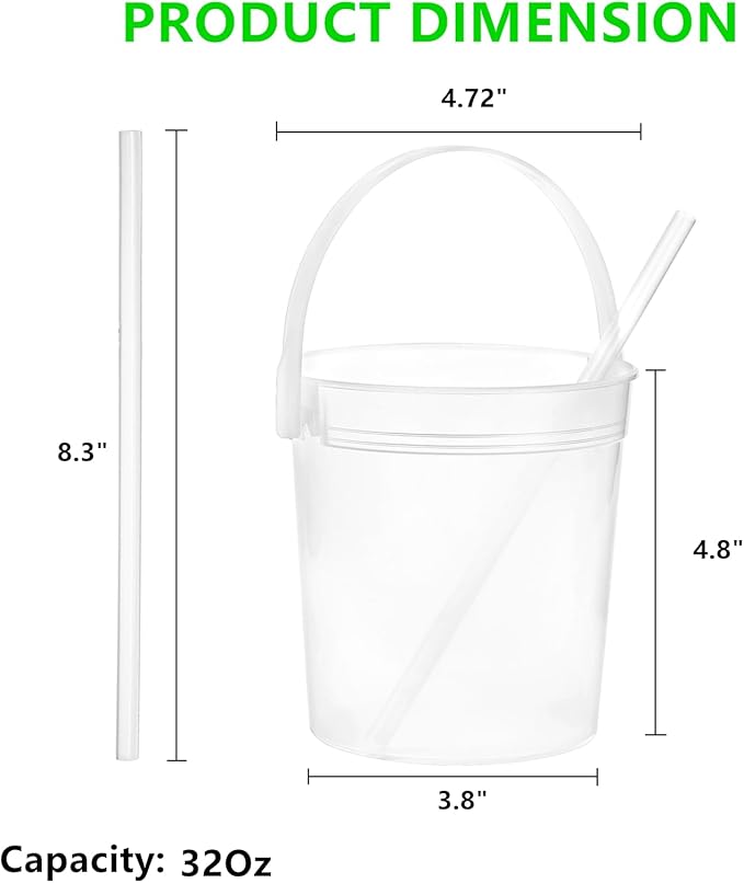 Yopay 15 Pack Plastic Rum Buckets for Drinks, 32OZ Cocktail Buckets Reusable Smoothie Bucket with Lid and Straw, 1Liter Large Ice Cream Pails for Halloween Football Parties Bar Beer