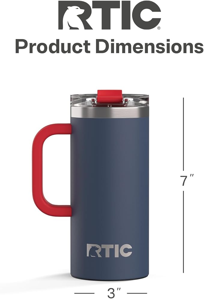 RTIC 16oz Road Trip Travel Mug with Lid and Handle, Ceramic Lined, Insulated, Stainless Steel, Metal, Double Wall Vacuum-Insulation, Portable Coffee, Tea Cup for Hot and Cold Drink, Patriot
