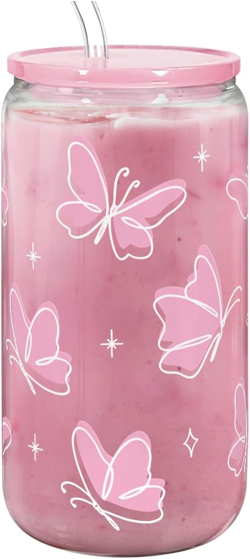 SANDJEST Butterfly 16 Oz Can Glass Tumbler with Acrylic Lid and Straw - Iced Coffee Cups for Women, Aesthetic Glass Cup Gift for Birthday Christmas