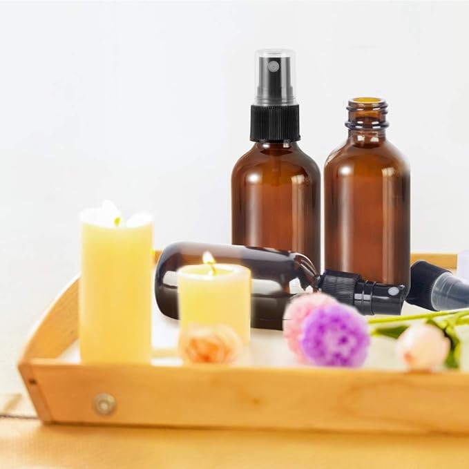 STARSIDE 4 oz Amber Glass Spray Bottles (12 Pack) - Leak Proof Fine Mist Sprayer for Face, Hair, Essential Oils - Includes Funnels, Droppers, Labels & Brush