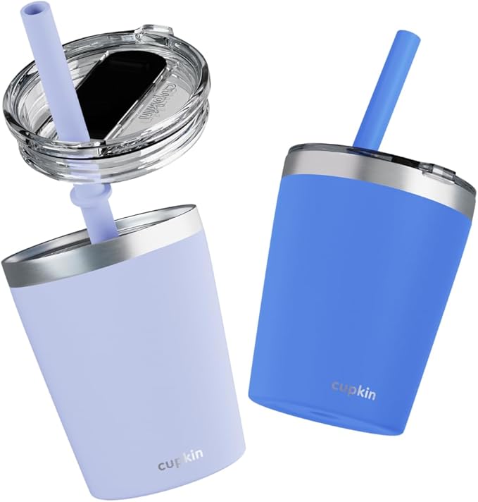 CUPKIN Kids Cup, The Original 8 oz Stackable Stainless Steel Kid Cups, Set of 2 Powder Coated Insulated Sippy Cup for 1+ Year Old Toddlers & BPA Free Lids & Reusable Silicone Straws (Blue + Gray)