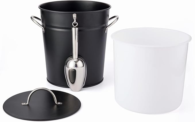 Rae Dunn Ice Bucket with Scoop - Stainless Steel Bucket with Handle, Lid and Ice Scooper - 4 Qt. Storage Bin for Ice Cubes for Bars, Parties, Backyard Barbeques, Picnics, and Camping (Black)