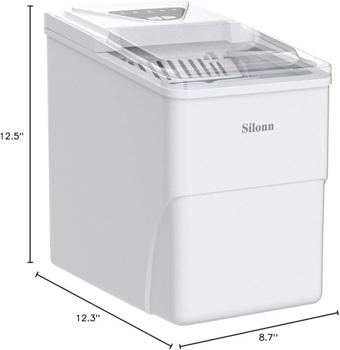Silonn Ice Makers Countertop, 9 Bullet Ice Cubes Ready in 6 Minutes, 26lbs in 24Hrs Portable Ice Maker Machine Self-Cleaning, 2 Sizes of Bullet-Shaped Ice for Home Kitchen Office Bar Party, White