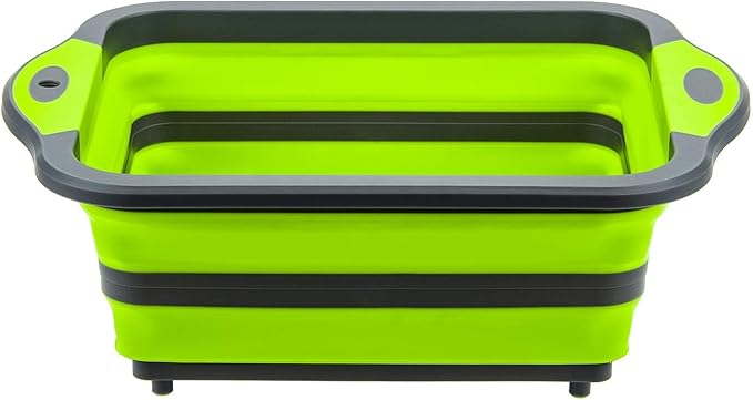 Collapsible Cutting Board with Colander, Foldable Multi-function Kitchen Plastic Silicone Dish Tub, Fruits Vegetables Wash and Drain Sink Storage Basket (Green)
