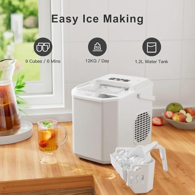 Ice Maker Countertop, Portable Ice Machine with Carry Handle, Self-Cleaning Ice Makers with Basket and Scoop, 9 Cubes in 6 Mins, 26 lbs per Day, Ideal for Home, Kitchen, Camping, RV, White