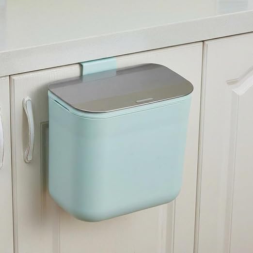 1.8 Gallon/7L Hanging Trash Can, with Stainless Steel Lid, Under Sink Compost Bin for Kitchen Cabinet Door, Garbage Can with Hanging Hook,Food Waste Bin for Kitchen, Bedroom, RV, Bathroom, Green
