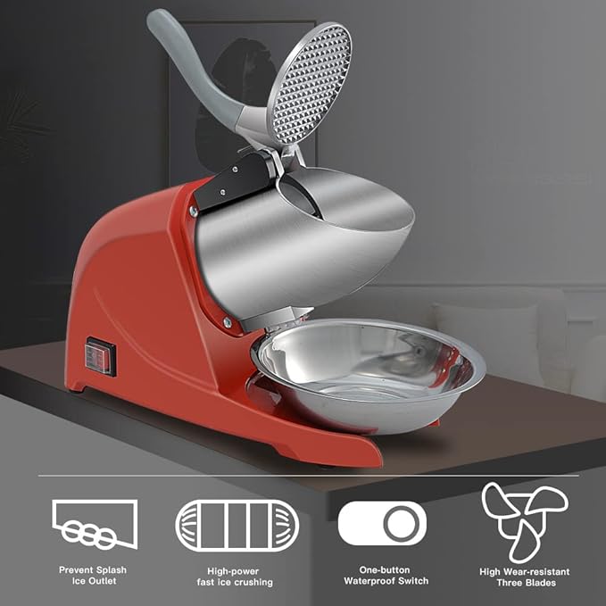 Snow Cone Machine 380W Shaved Ice Machine 3 Blades, 280lbs/hr Electric ICE Shaver, Prevent Splash, for Home and Commercial Use with Ice Pick - Red
