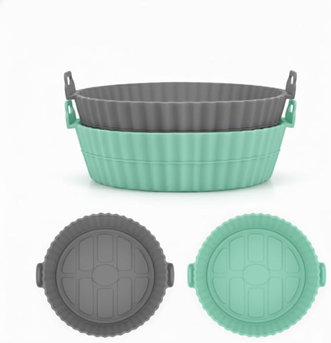 Silicone Air Fryer Liner, 7.9 Inch Round Reusable Basket with Handles, Nonstick & Dishwasher Safe (1 or 2 Pack) (grey/mint, 2)