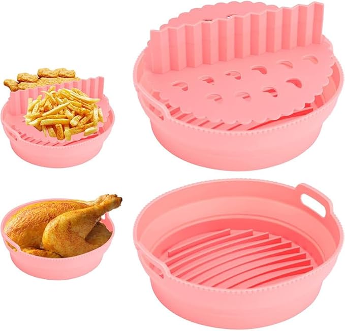 Silicone Air Fryer Liner 8.6" Round for 5–8 QT, With Divider Split for 2 Flavors, Reusable Non-Stick Collapsible Pot Liner, Dishwasher Safe, Heat-Resistant 446°F, GRAY, 1 Pack